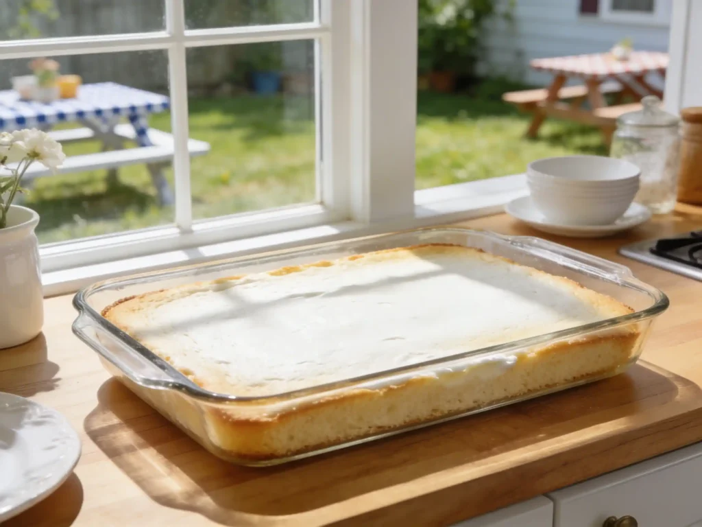 freshly baked white cake for 4th of July Jello cake