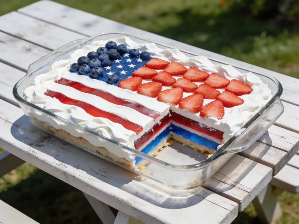 4th of July Jello cake with whipped topping and berry flag design