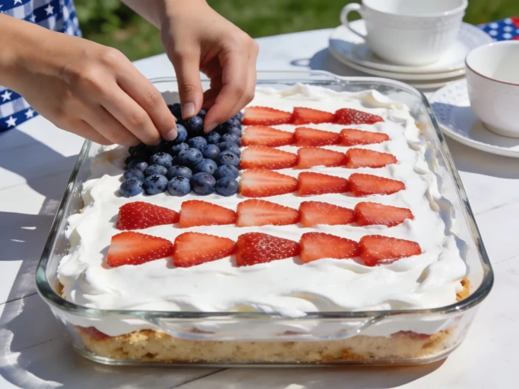 decorating 4th of July Jello cake with blueberries and strawberry stripes