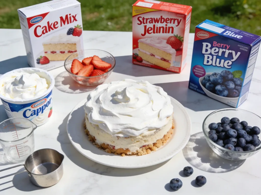 4th of July Jello cake ingredients with white cake mix and berry gelatin