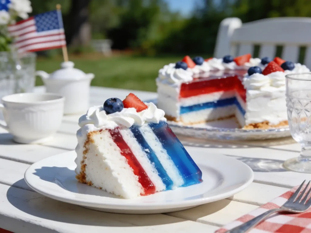 slice of 4th of July Jello cake with red and blue layers