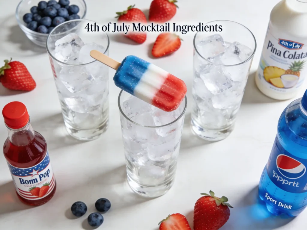 Ingredients for a 4th of July Mocktail with red white and blue layers
