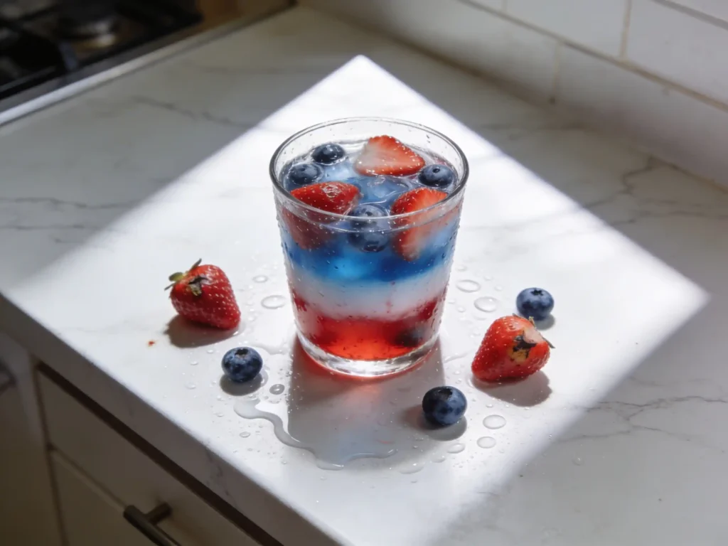 4th of July Mocktail with red white and blue layers and Bomb Pop garnish