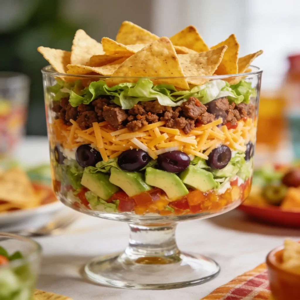 7 Layer Taco Salad Recipe in a clear bowl with crisp tortilla chips