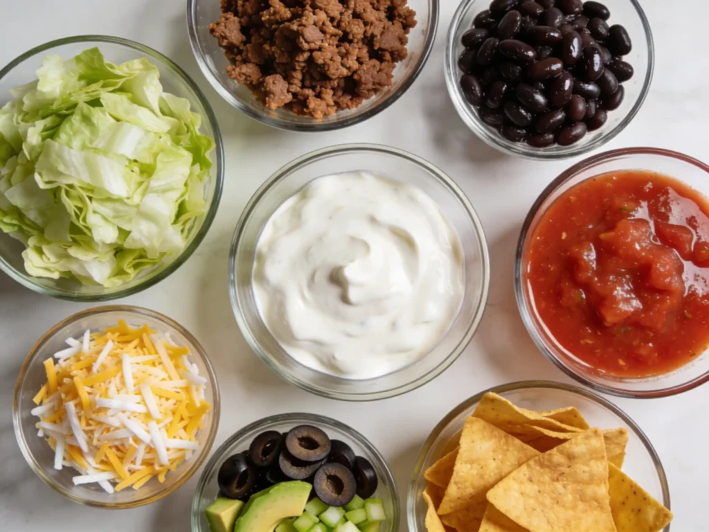 Ingredients for 7 Layer Taco Salad Recipe laid out before assembly