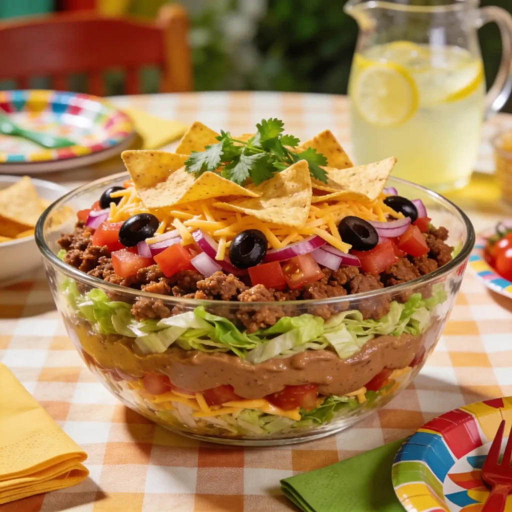 7 Layer Taco Salad Recipe served on a party table