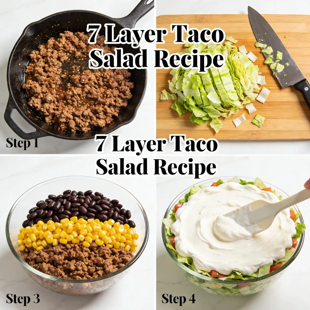 Step-by-step collage showing how to build a 7 Layer Taco Salad Recipe