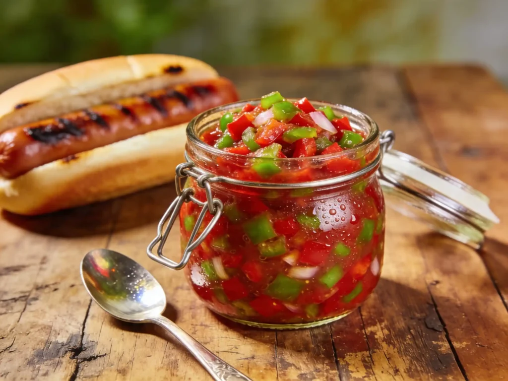 A jar of homemade Amish sweet pepper relish ready to be served