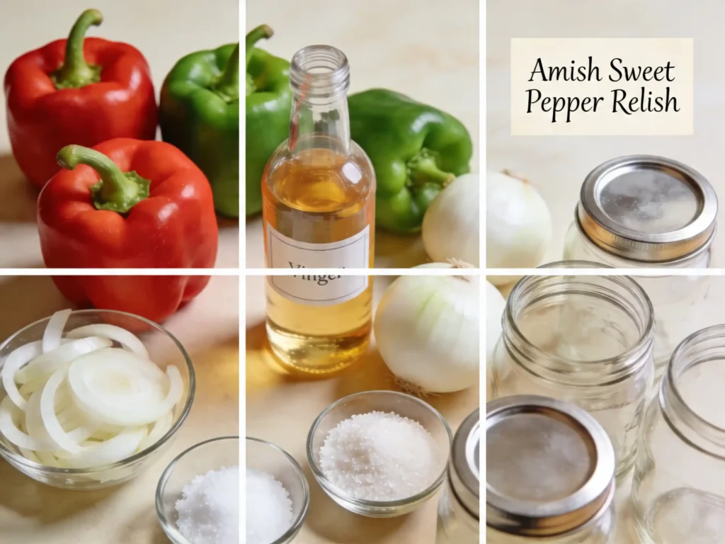 Ingredients for Amish Sweet Pepper Relish Recipe on a kitchen counter