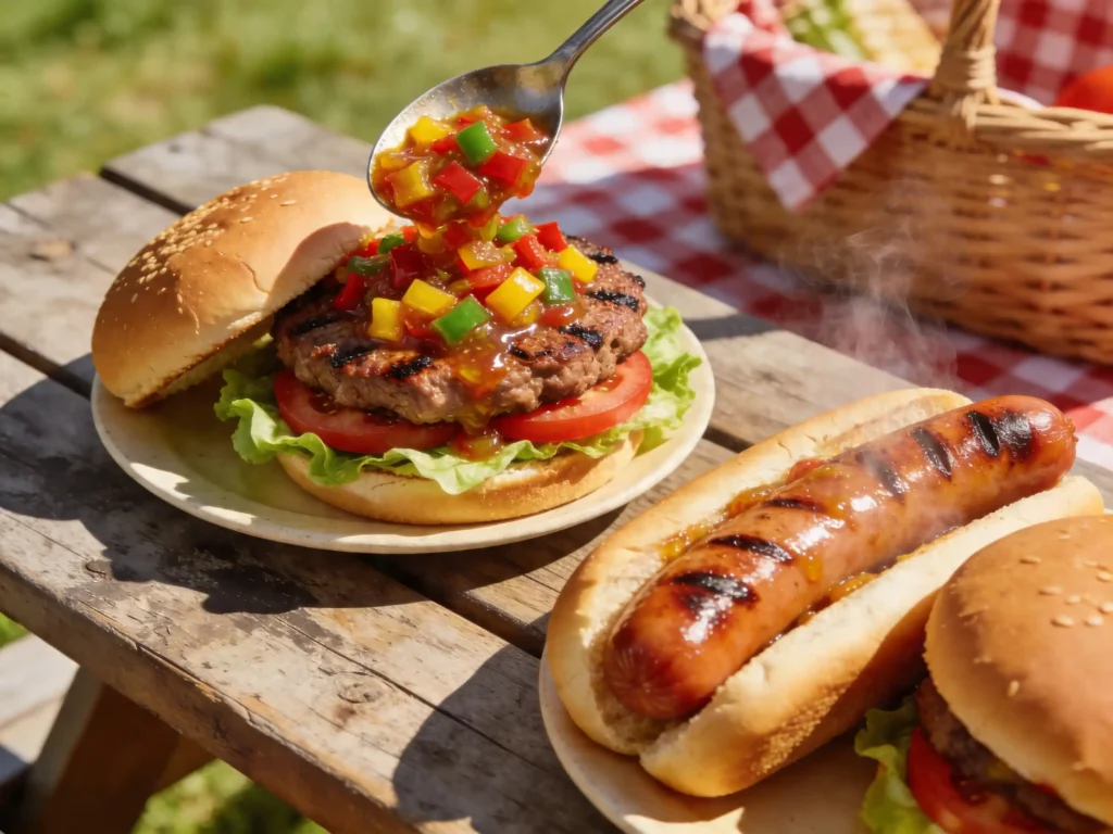 Amish Sweet Pepper Relish Recipe served with burgers and hot dogs