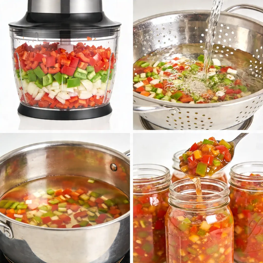 Step-by-step collage showing how to make an old-fashioned bell pepper condiment