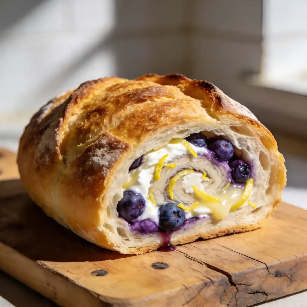 A freshly baked loaf of blueberry lemon cream cheese sourdough bread sliced open