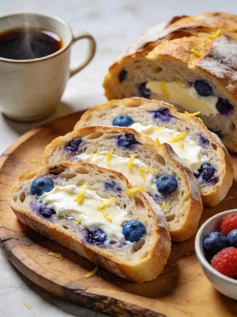 Slices of Blueberry Lemon Cream Cheese Sourdough Bread served on a plate