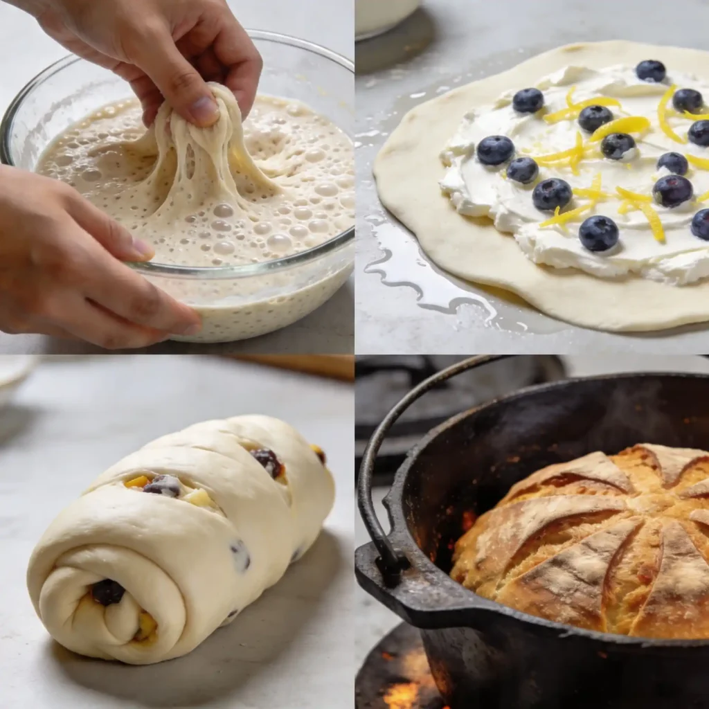 Step-by-step collage showing how to laminate inclusions into artisan sourdough