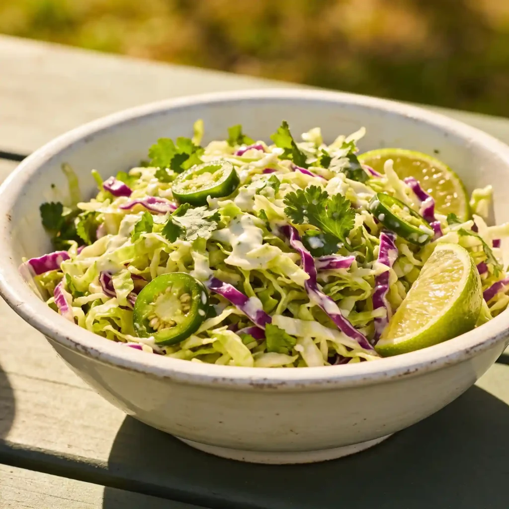 cilantro lime jalapeño slaw in a bowl with fresh lime and cabbage