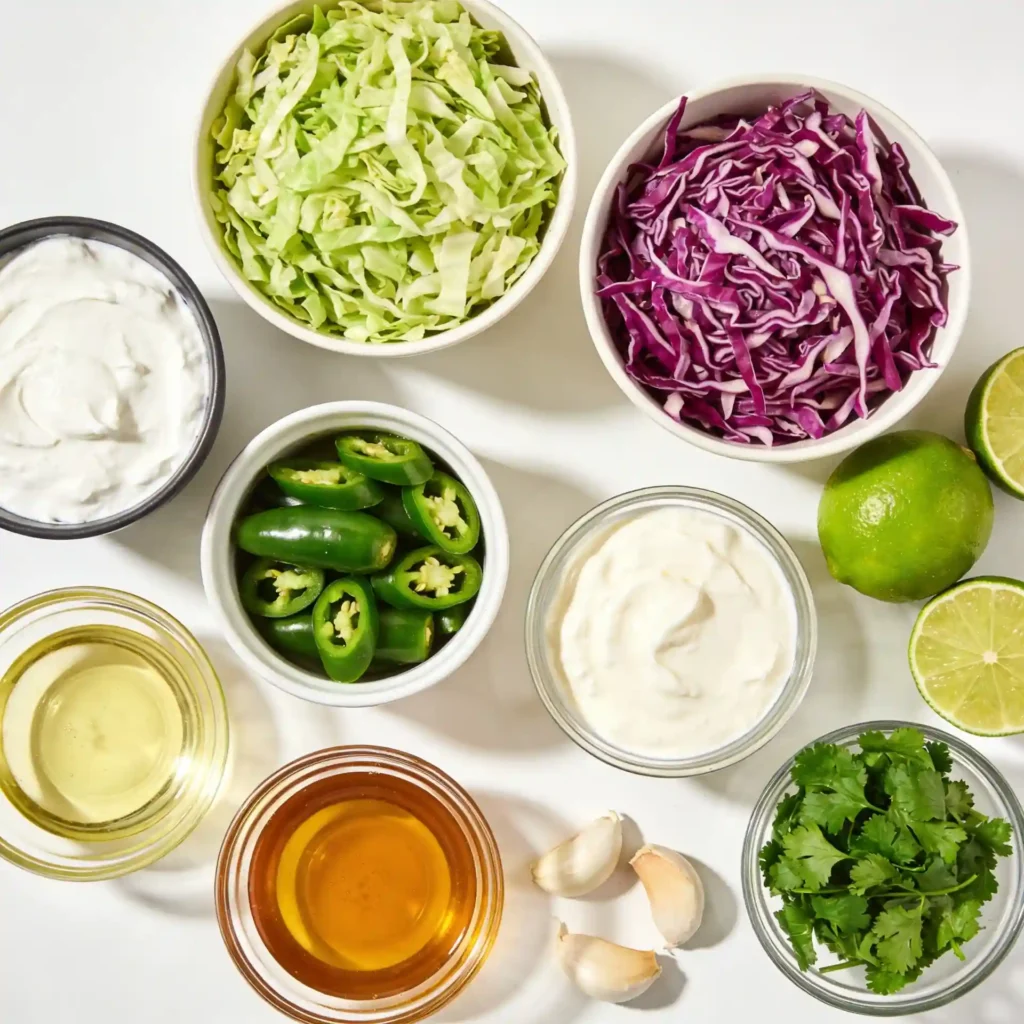cilantro lime jalapeño slaw ingredients with cabbage jalapeños and lime