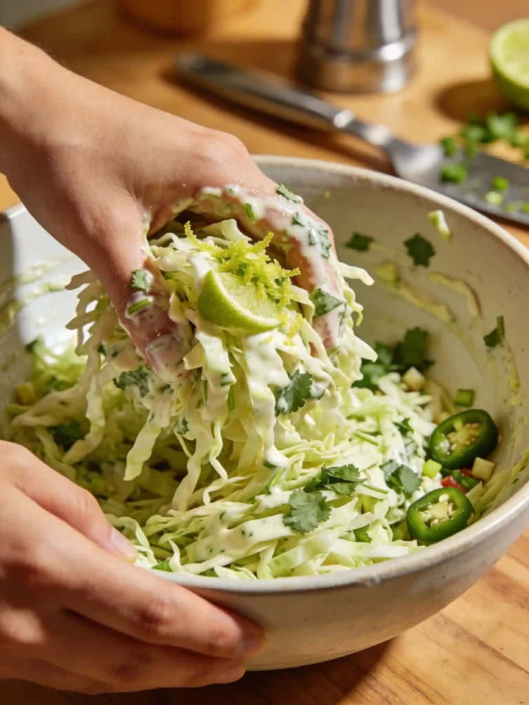 cilantro lime jalapeño slaw being tossed with creamy dressing