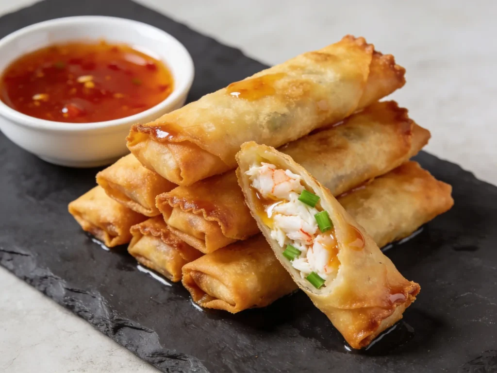 Crispy air fryer crab rangoon egg rolls sliced in half with dipping sauce