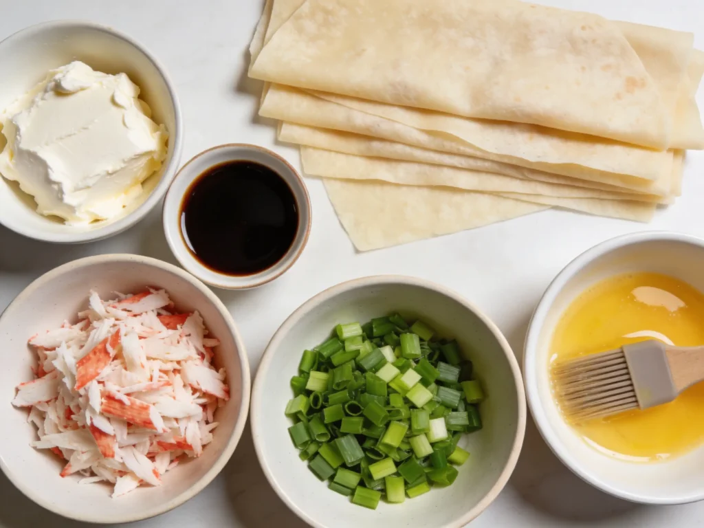 Ingredients for Crab Rangoon Egg Rolls Air Fryer recipe on a kitchen counter