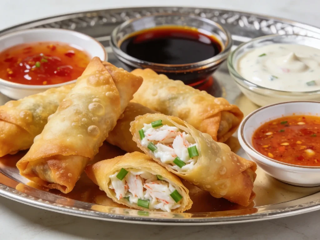 Crab Rangoon Egg Rolls Air Fryer served with multiple dipping sauces
