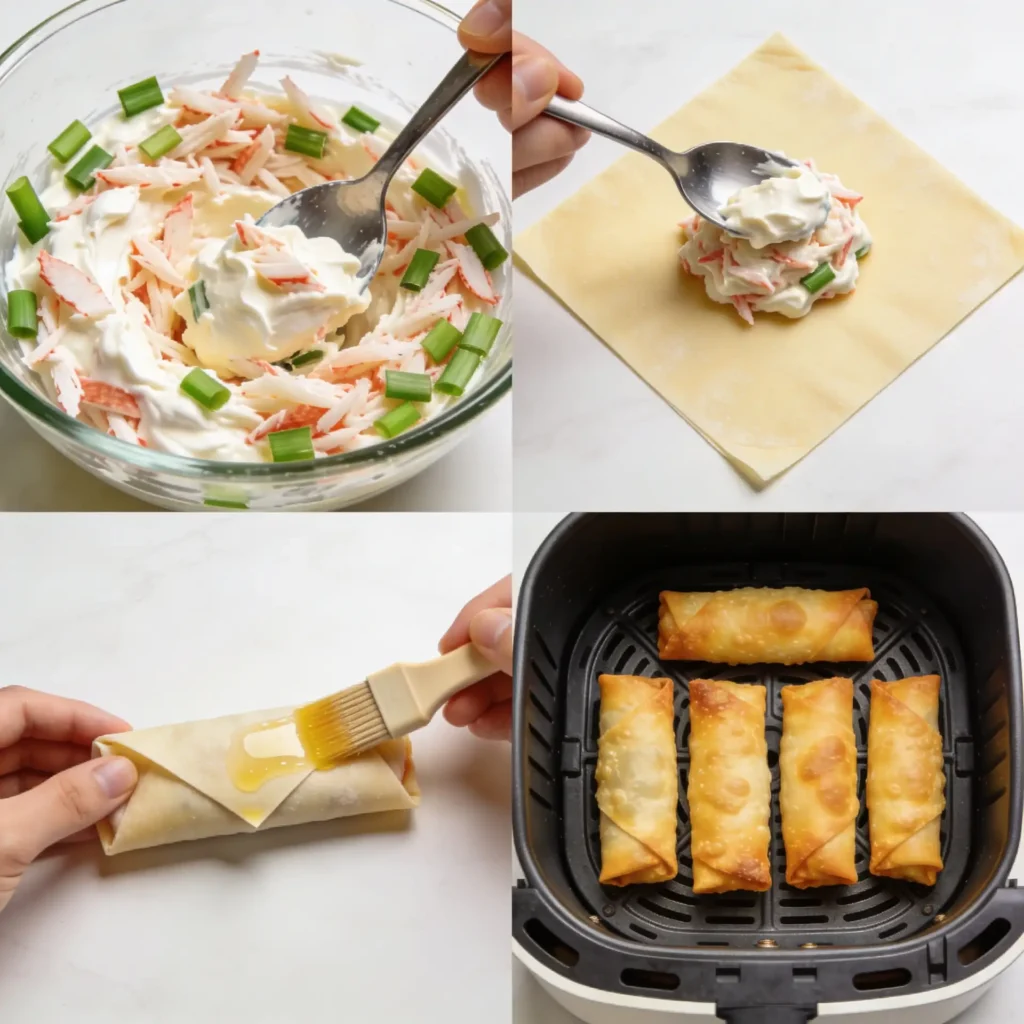 Step-by-step collage showing how to fold and air fry seafood egg rolls