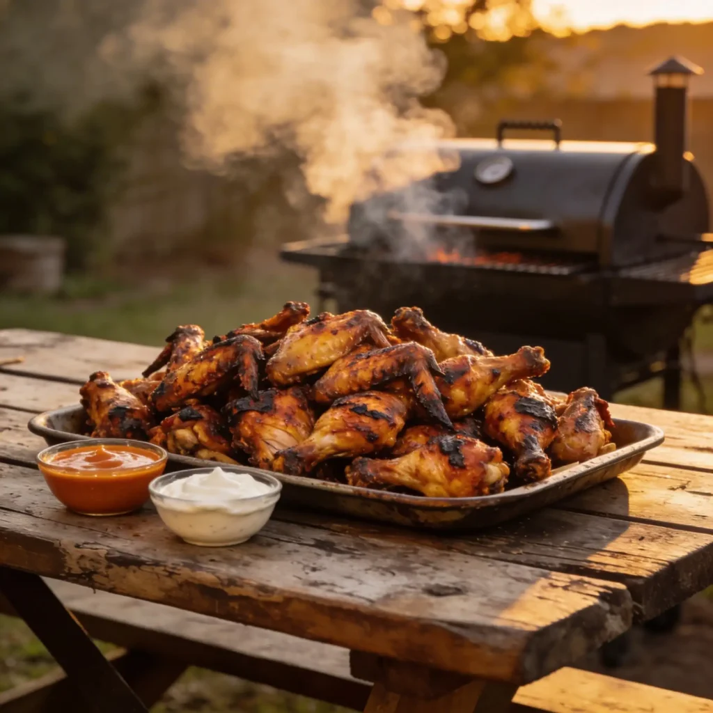 Crispy smoked chicken wings on a platter beside a pellet grill