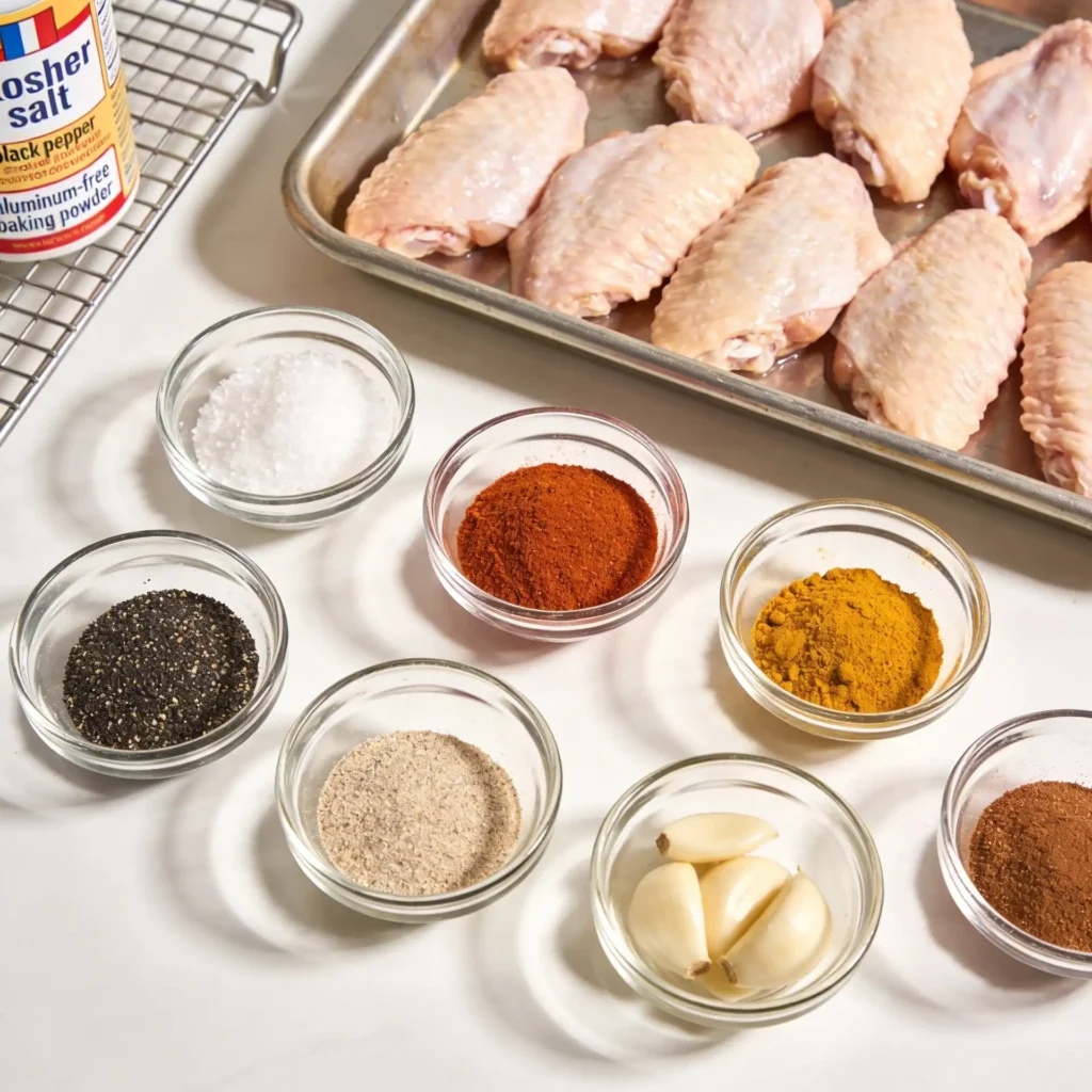 Crispy smoked chicken wings ingredients with dry rub and baking powder