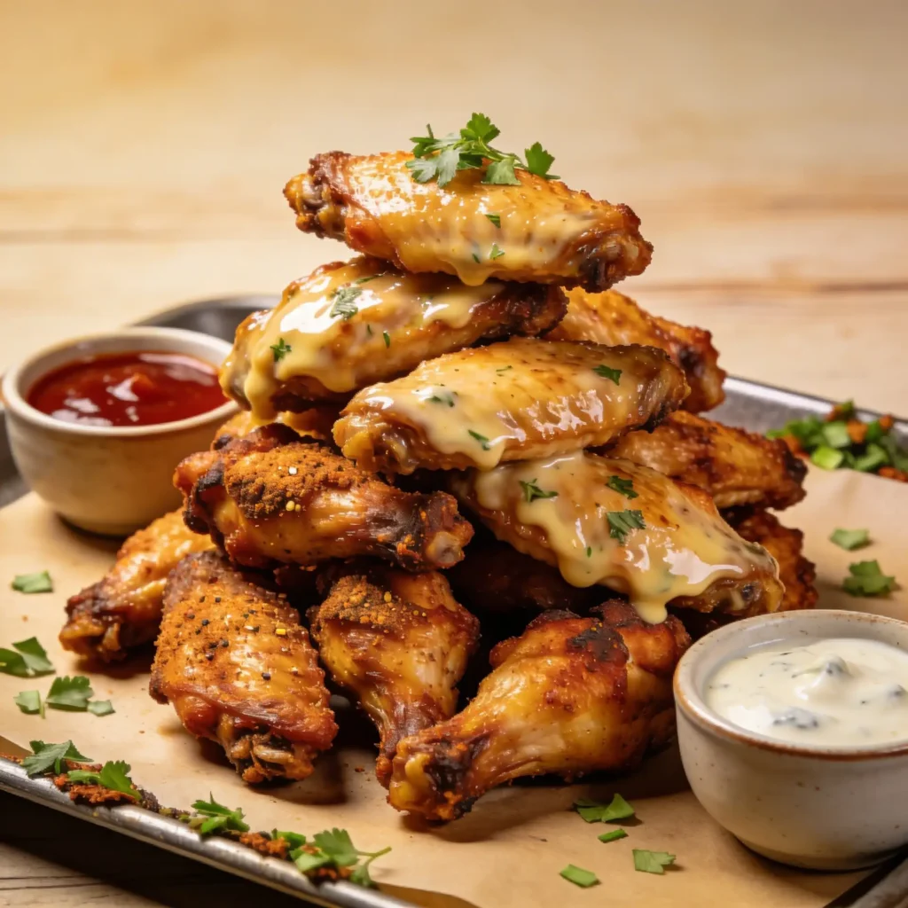 Crispy smoked chicken wings recipe card image with sauce and dry rub