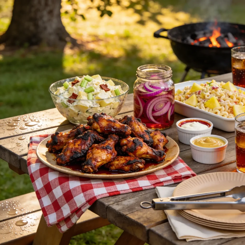 Crispy smoked chicken wings served with potato salad and pickled onions