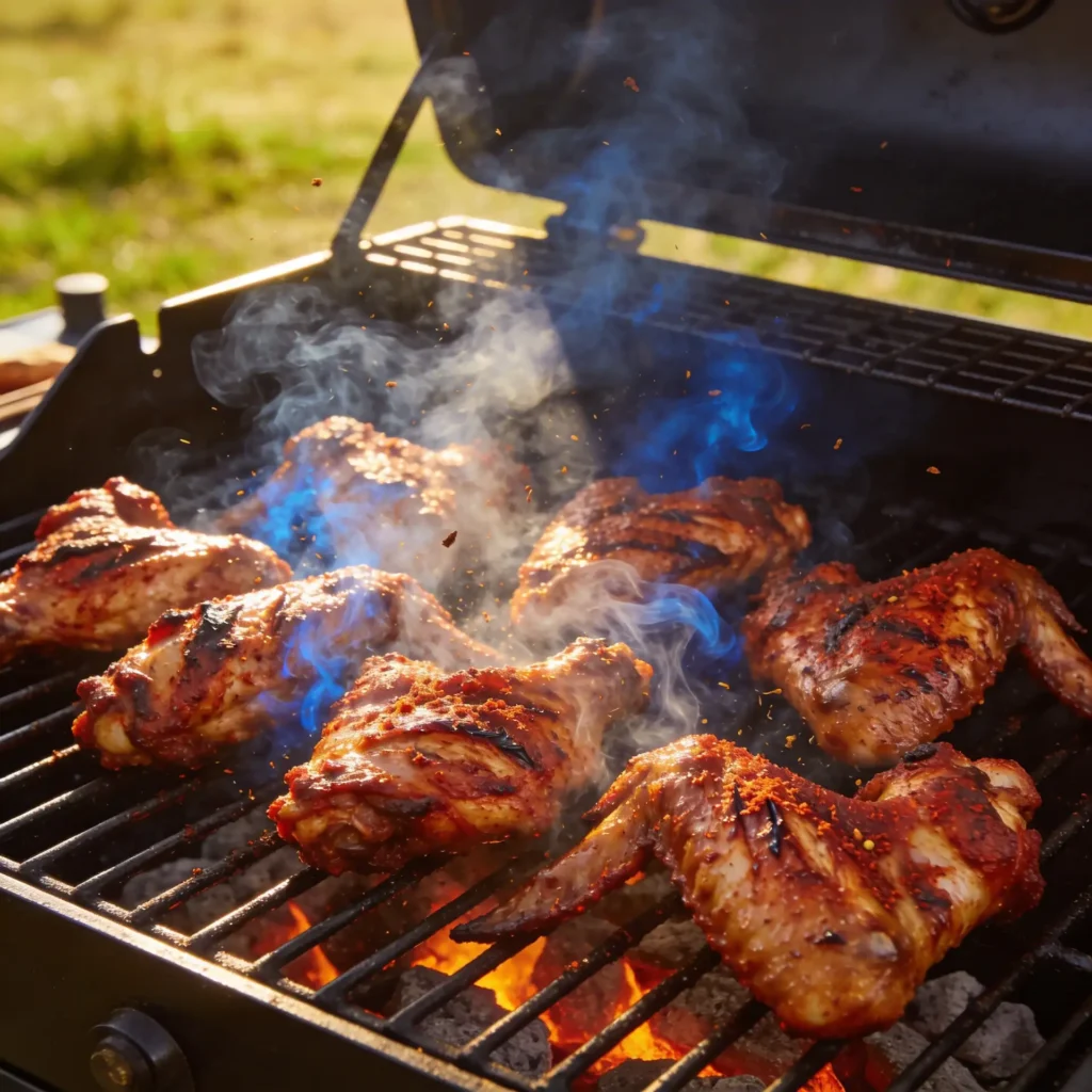 Crispy smoked chicken wings smoking on grill grates at 250 degrees