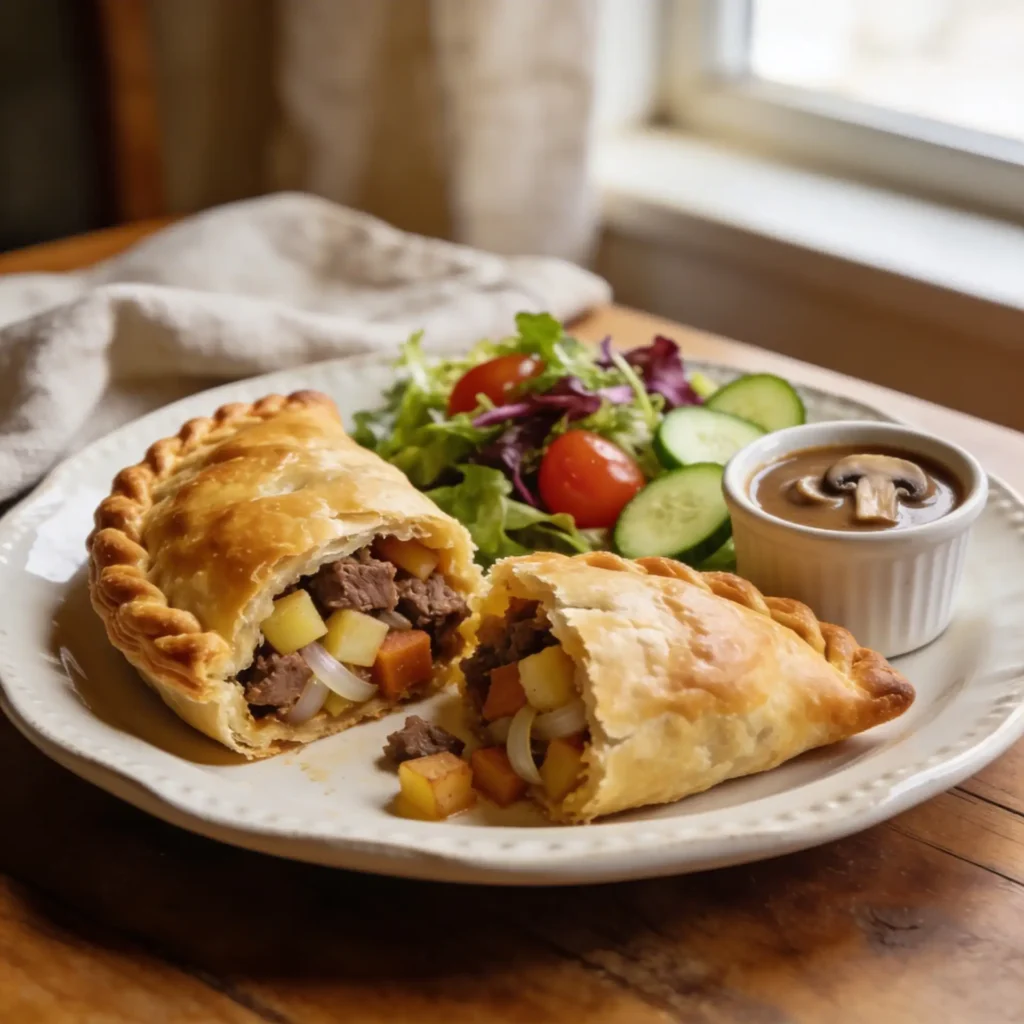 easy Cornish pasty recipe served with salad and gravy