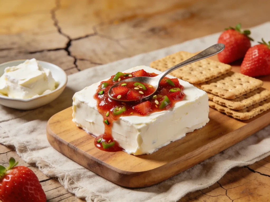 Strawberry Jalapeño Jam Recipe served over cream cheese with crackers