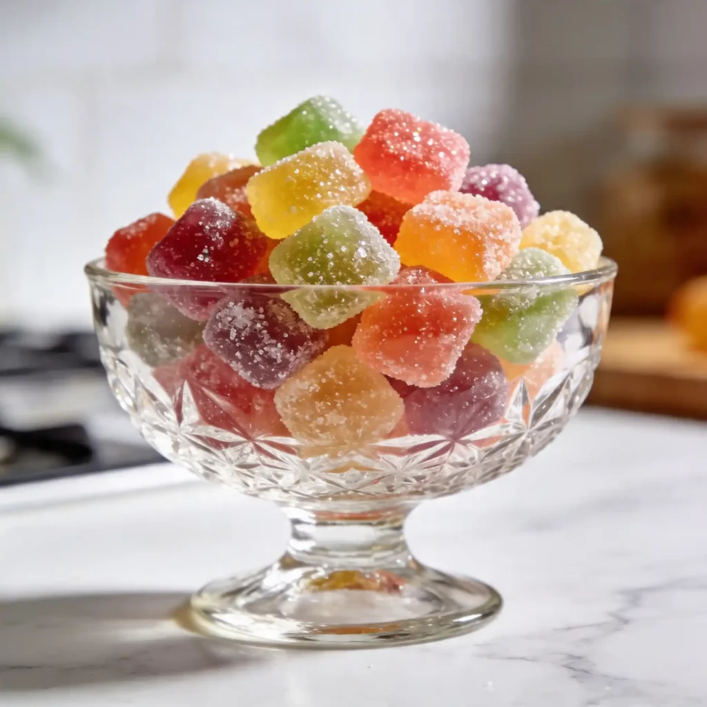 A bowl of colorful, sugar-coated fruity homemade gumdrops
