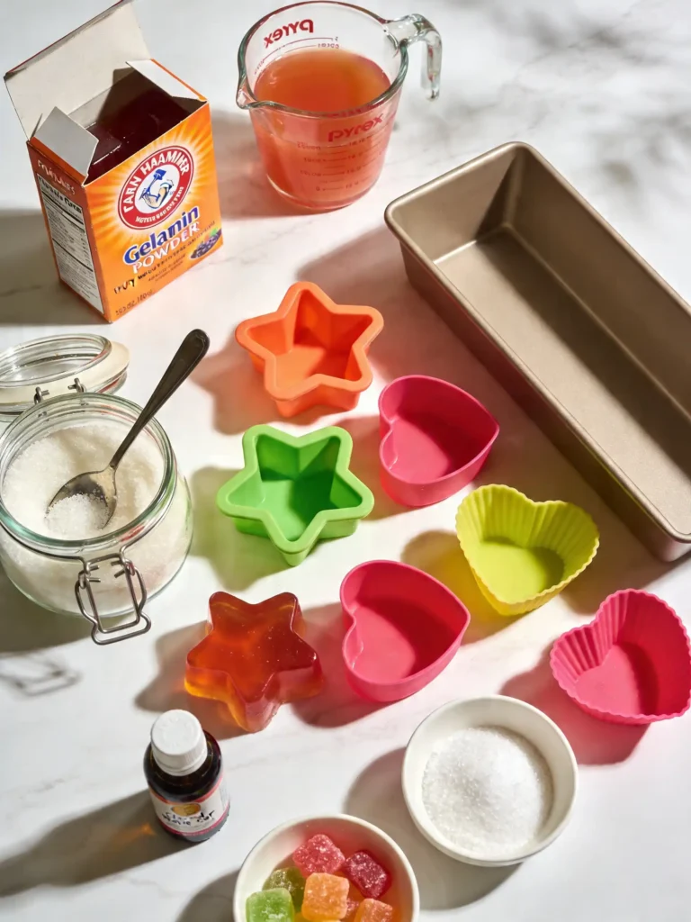Ingredients for Fruity Homemade Gumdrops arranged on a kitchen counter