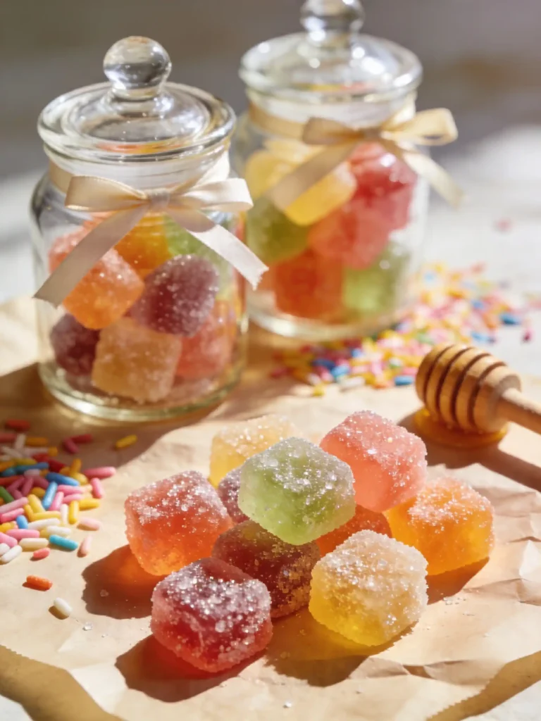 Fruity Homemade Gumdrops arranged as colorful sugar-coated candies