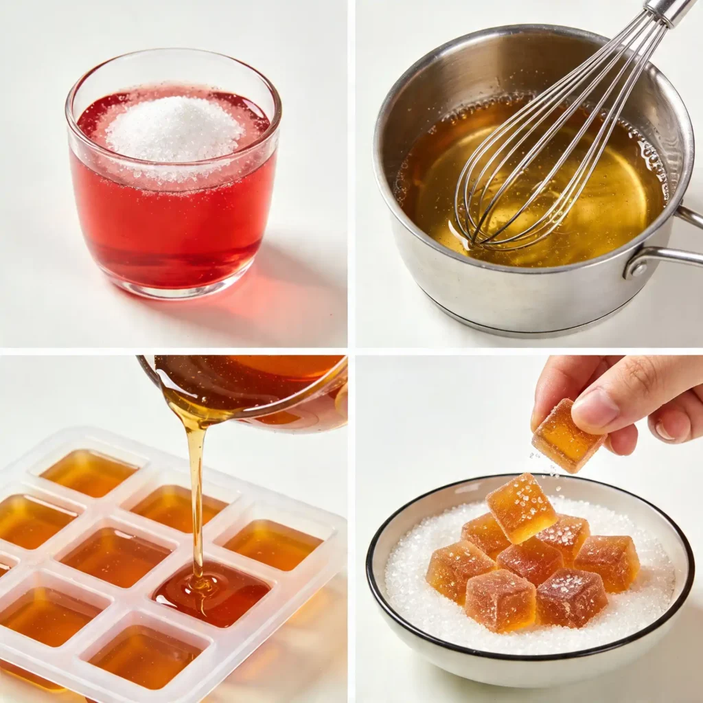 Step-by-step collage showing how to make fruit juice candy from scratch
