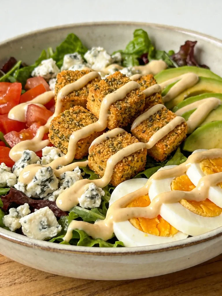A bowl of fresh salad topped with crispy hemp crusted tofu nuggets