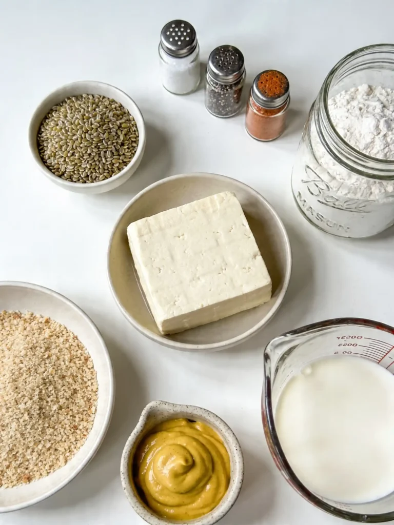 Ingredients for Hemp Crusted Tofu Recipe arranged on a kitchen counter