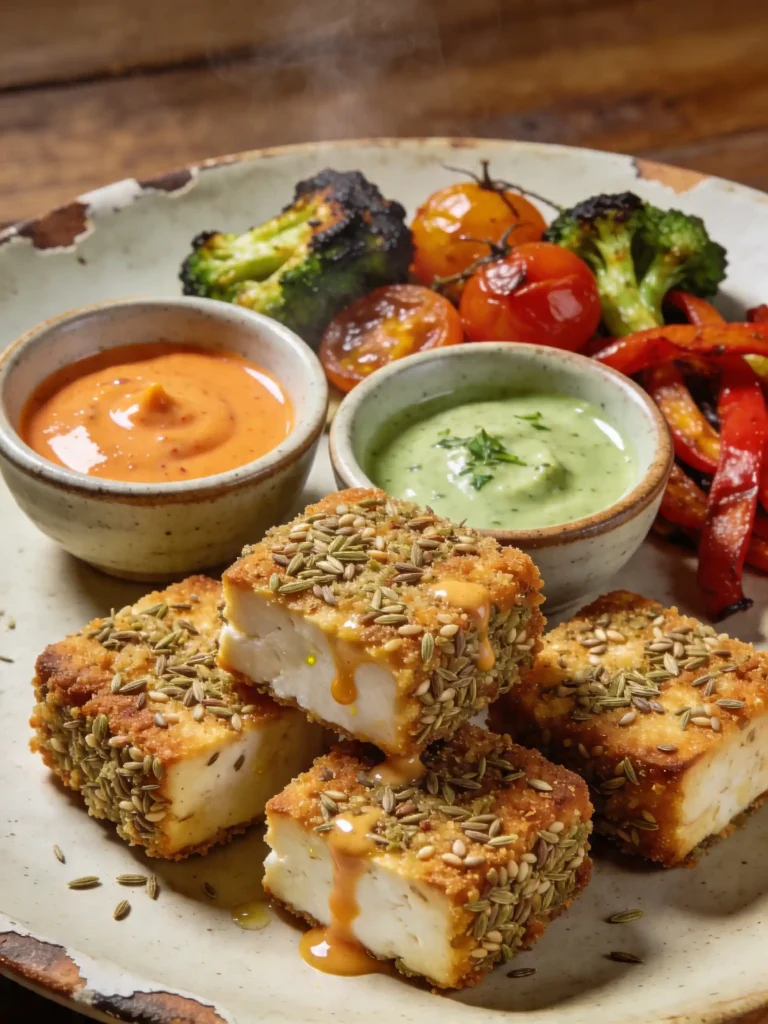 Hemp Crusted Tofu Recipe served with dipping sauces and vegetables