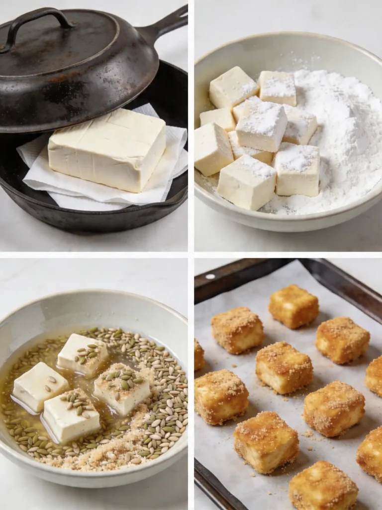 Step-by-step collage showing how to press and bread tofu with hemp seeds
