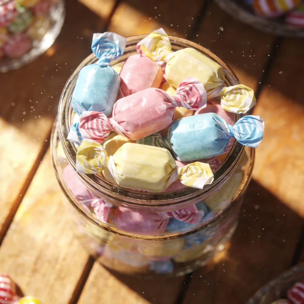 A glass jar filled with colorful wrapped homemade saltwater taffy