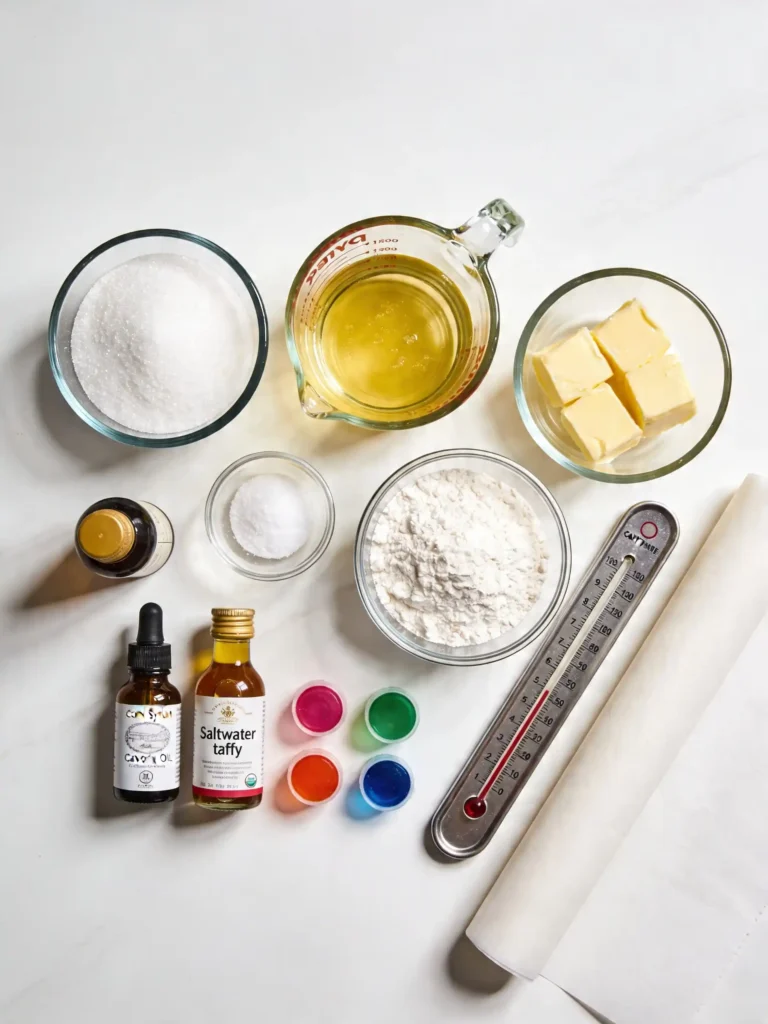 Ingredients for Homemade Saltwater Taffy Recipe arranged on a kitchen counter