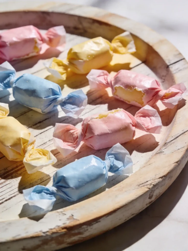 Wrapped pieces of Homemade Saltwater Taffy Recipe on a serving tray