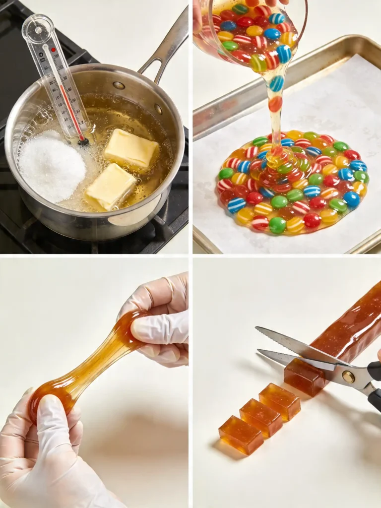 Step-by-step collage showing how to boil, pull, and cut old fashioned taffy