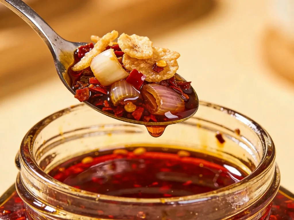 Homemade spicy chili crisp in a jar with crispy garlic on a spoon