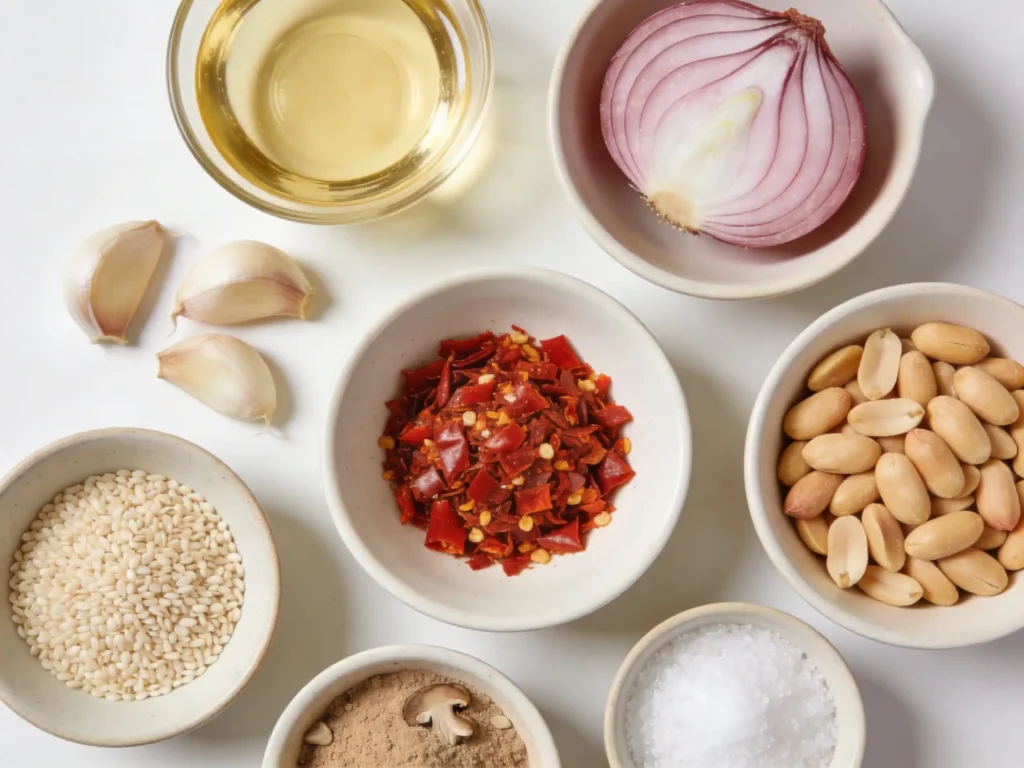 Ingredients for Homemade Spicy Chili Crisp on a kitchen counter