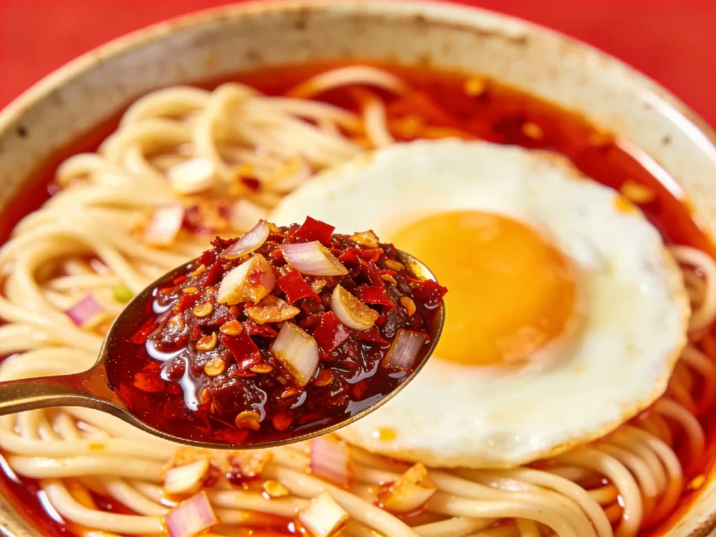 Homemade Spicy Chili Crisp served over noodles and eggs