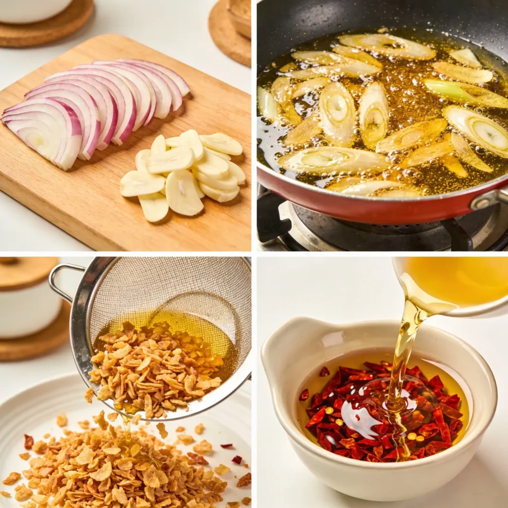 Step-by-step collage showing how to make a homemade spicy chili crisp recipe