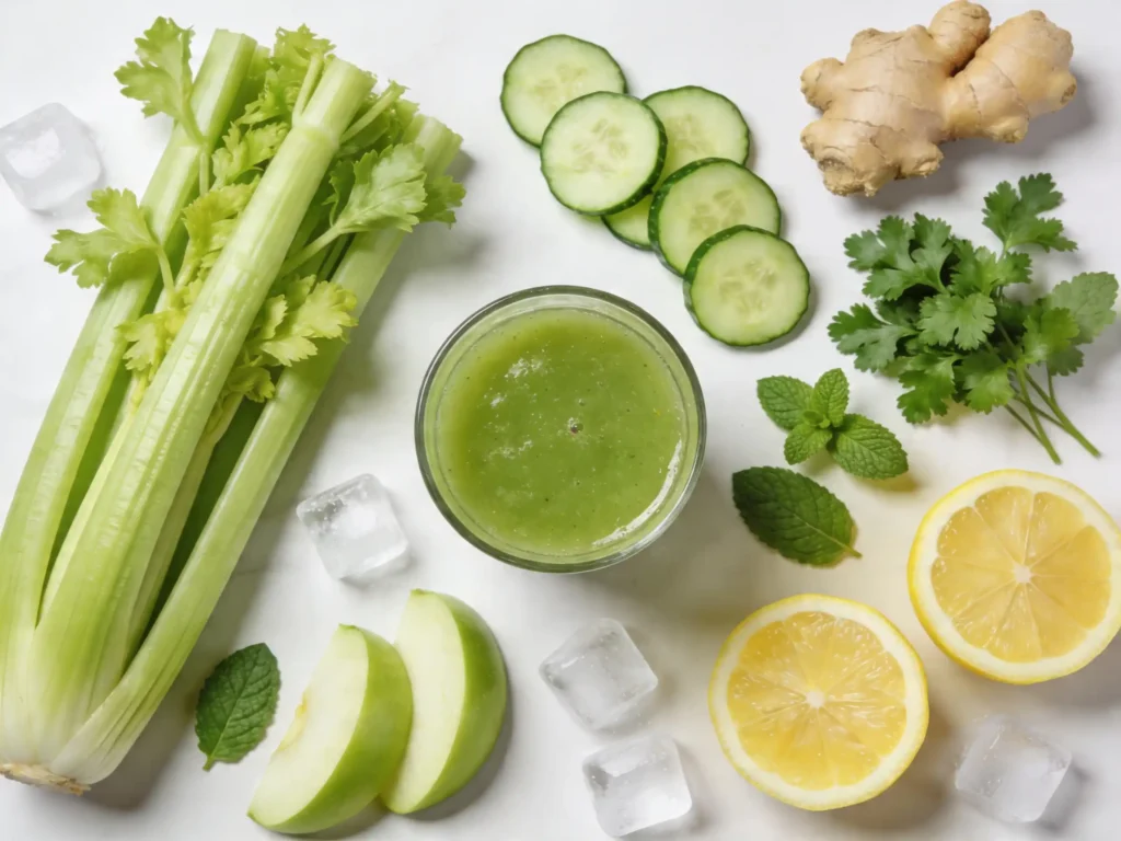 Ingredients for Mediterranean Celery Green Juice on a kitchen counter