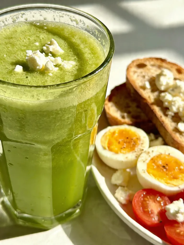 Mediterranean Celery Green Juice served with a healthy breakfast